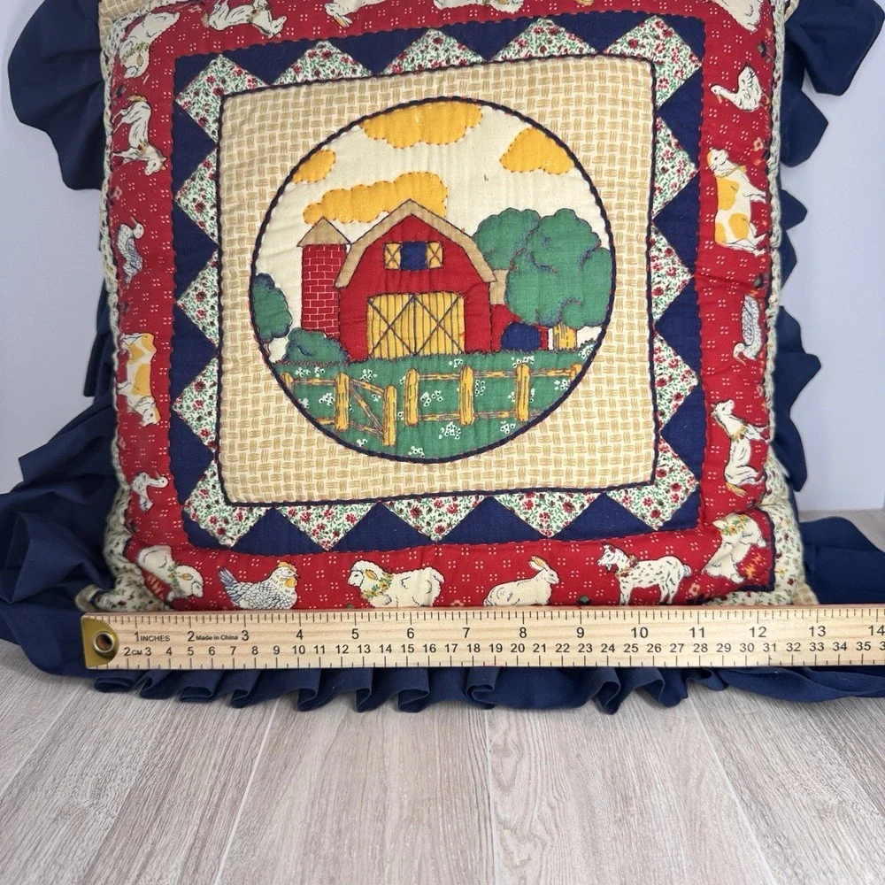 Farmhouse Barn Throw‎ Pillow Quilted Ruffle Edge Country Decor Red Blue